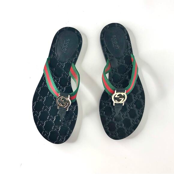 Gucci Interlocking GG Emboss Supreme Web Stripe Thong Flip Flop Sandals 37 - Picture 2 of 10